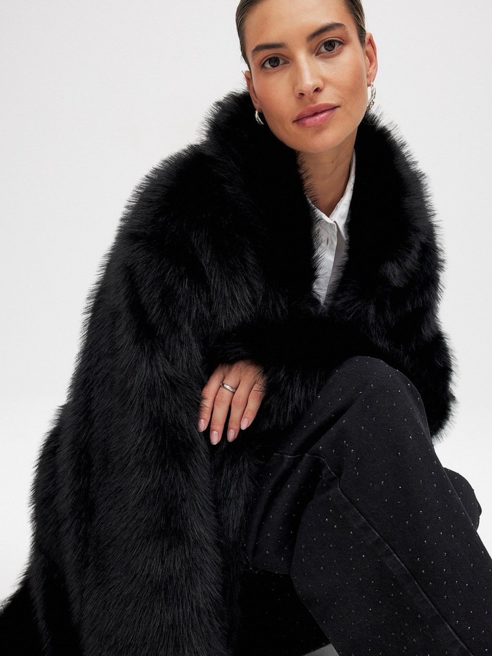 Women's Black Faux Fur Cape - Elegant Wrap Coat